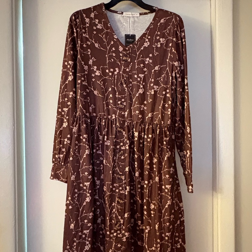 NWT- Large Floral  Long Sleeve Casual Pleated  Dress Pockets A Line Tunic Dress